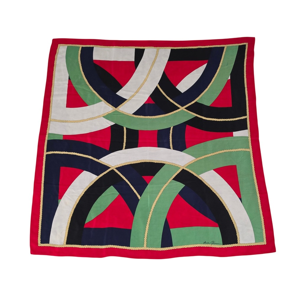 Ginnie Johansen Scarf Women OS Red Green Navy Geometric Rope Print Silk Square